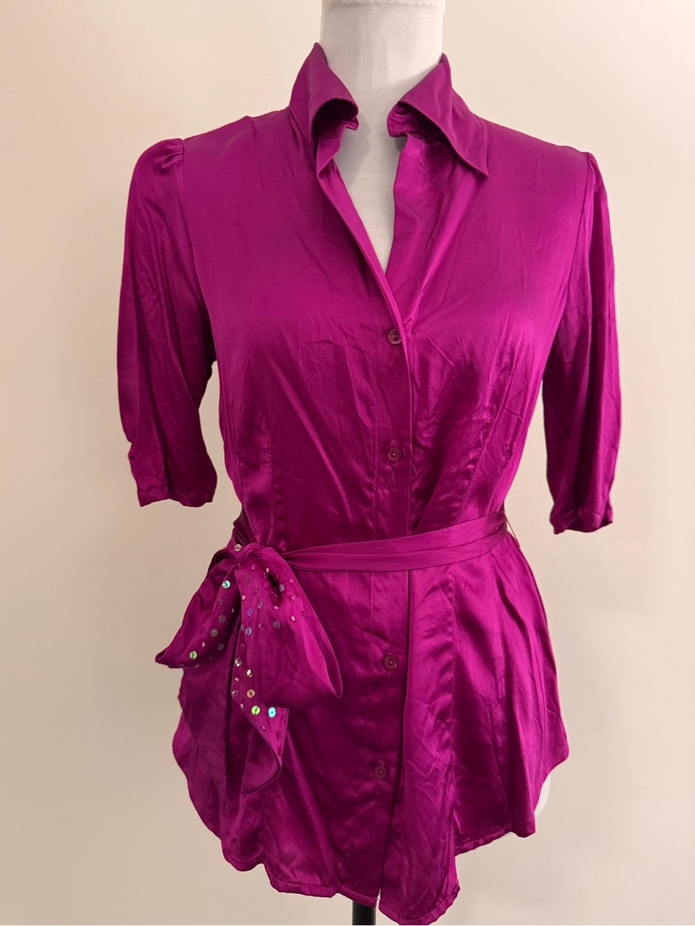 Sunny Leigh 100% Silk Sequin Bow Neck Tie Waist Blouse Magenta Pink S Y2K